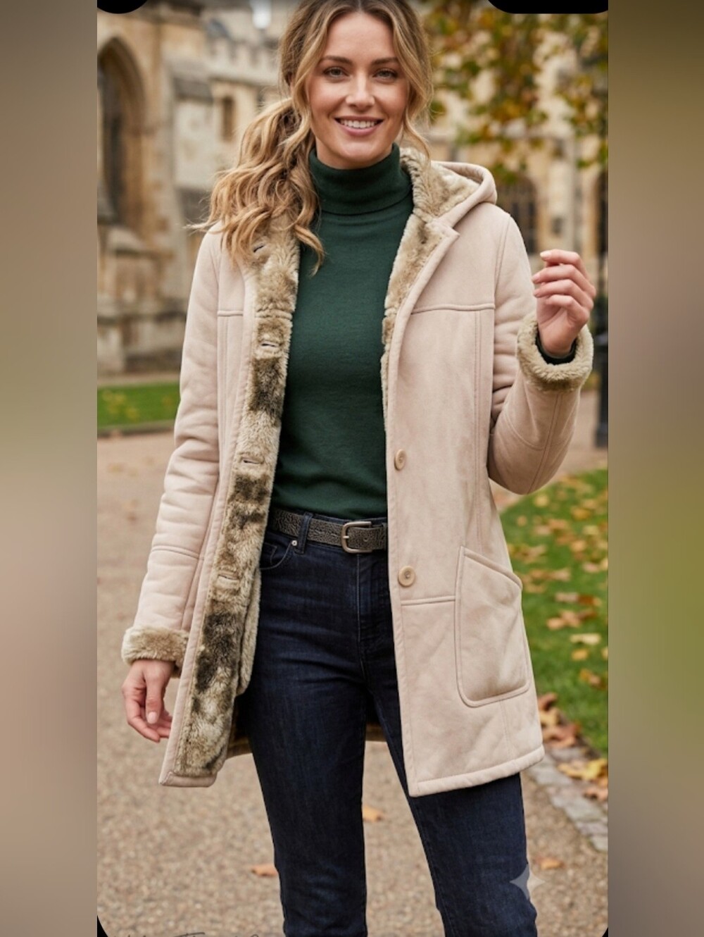 Women Hooded Shearling-Trim Coat - Light Beige